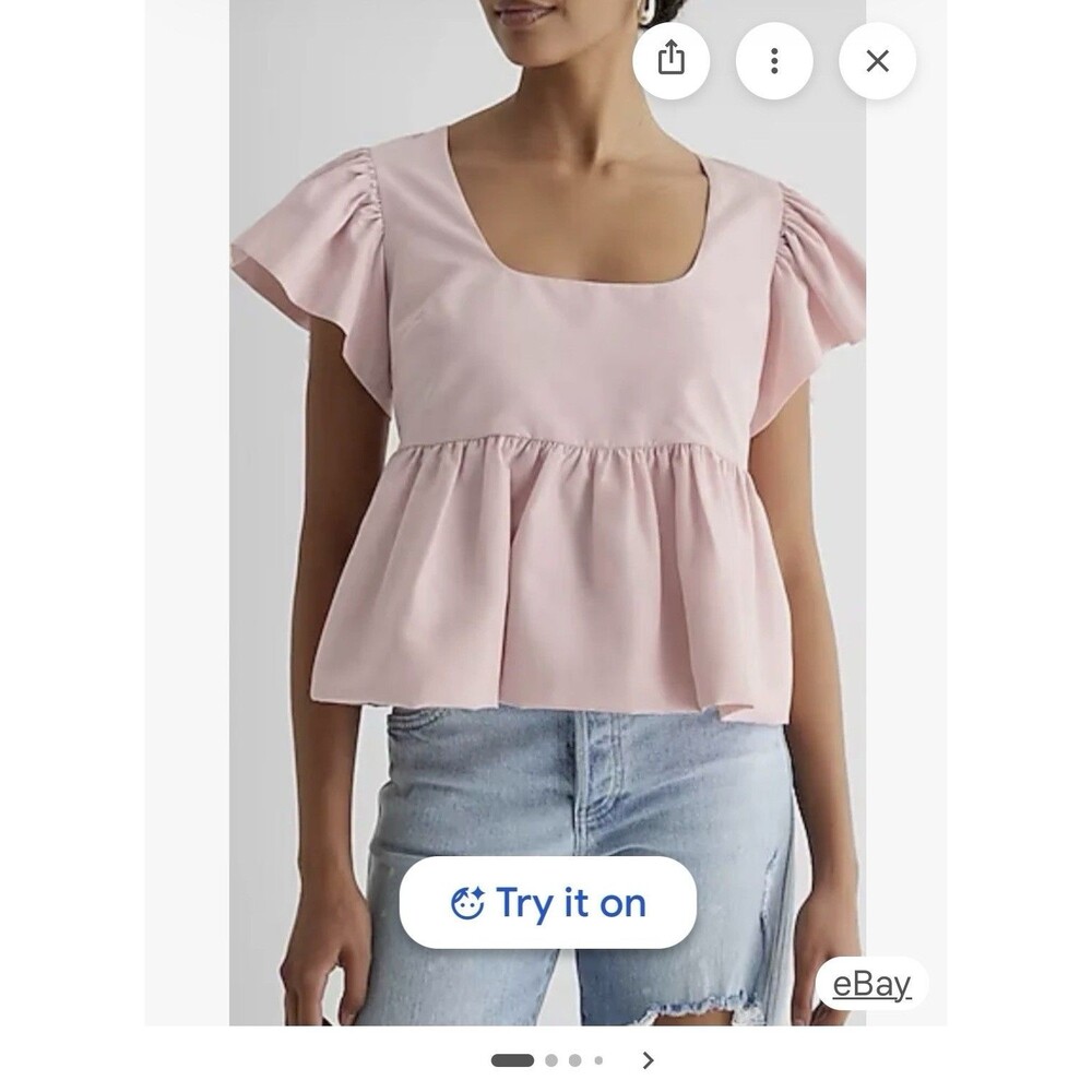 Express Top Women M Blouse Peplum Pink Flutter Sleeve coquette